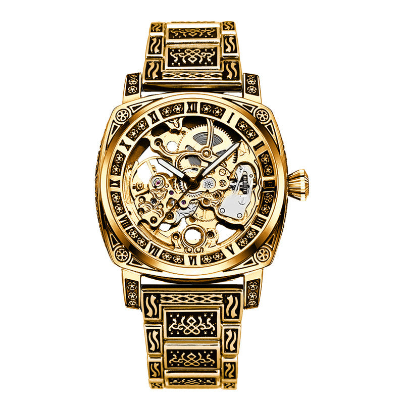 1pc Elegant Men'S Mechanical Watch, Goldene Zinc Alloy Case, Self-Winding Round Dial with Carved Night Light Design, Pointer Display, Zinc Alloy Strap - No Battery Required
