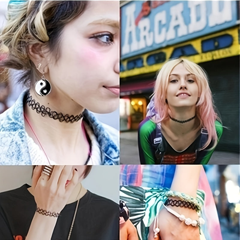6pcs/Set Adjustable Velvet Rope Choker Necklace, Gothic Sexy Lace Tattoo Style, Synthetic Fiber for Daily & Party Wear, All-Season