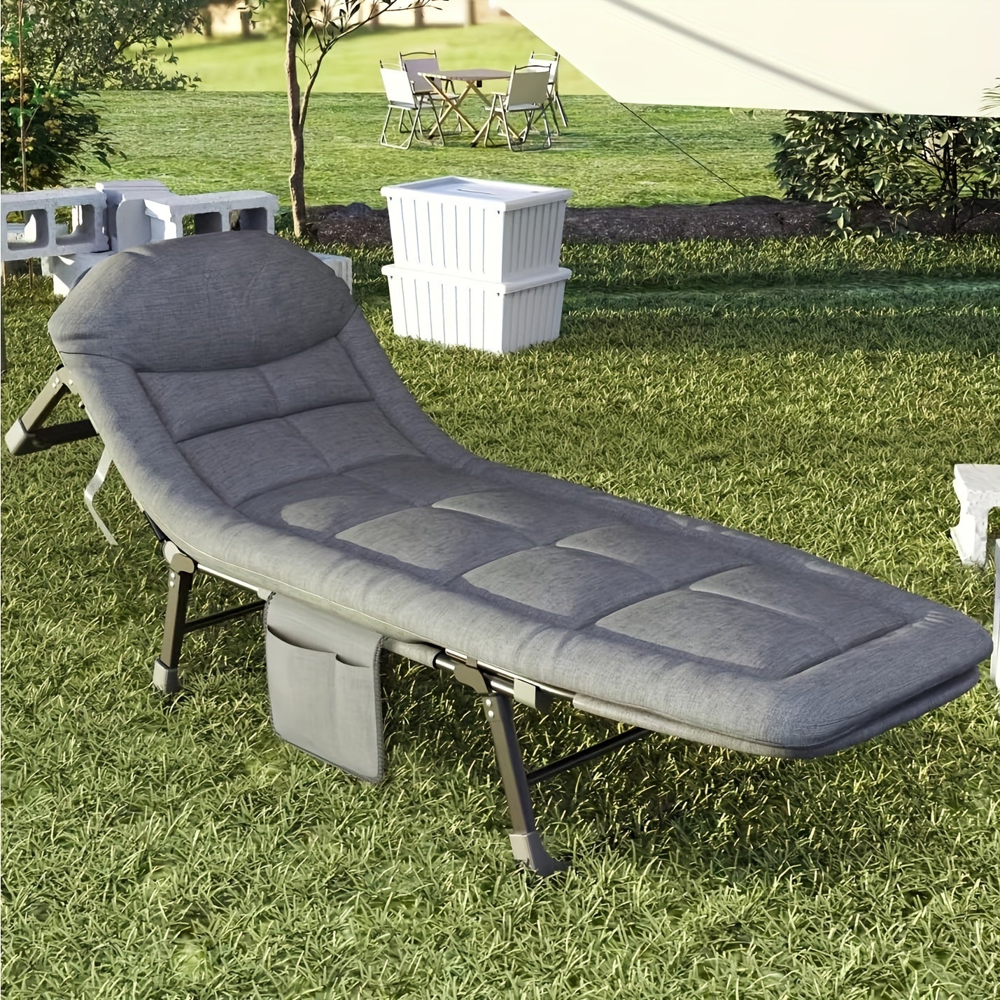 [Comfortable Folding Bed] 1pc Comfortable Ergonomic American Folding Bed, Single Recliner Lunch Bed | Portable Courtyard Office Camping Nap Multi-functional Lounge Chair Lazy Artifact With Mattress
