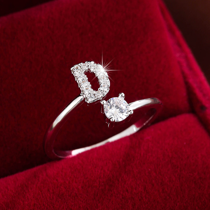 [Copper Fashion Ring] Four-claw Round Zirconia Adjustable Copper Ring With 26 English Letters