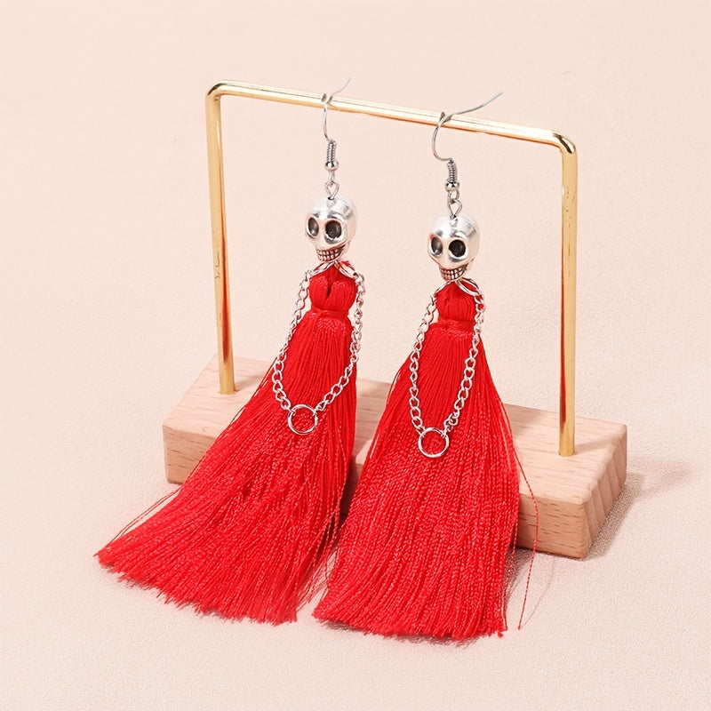 [With Tassel Dangle Earrings Skeleton] Halloween Skeleton Bride Design With Threads Tassel Dangle Earrings Goth Party Style Zinc Alloy Jewelry Ghost Festival Ear Ornaments