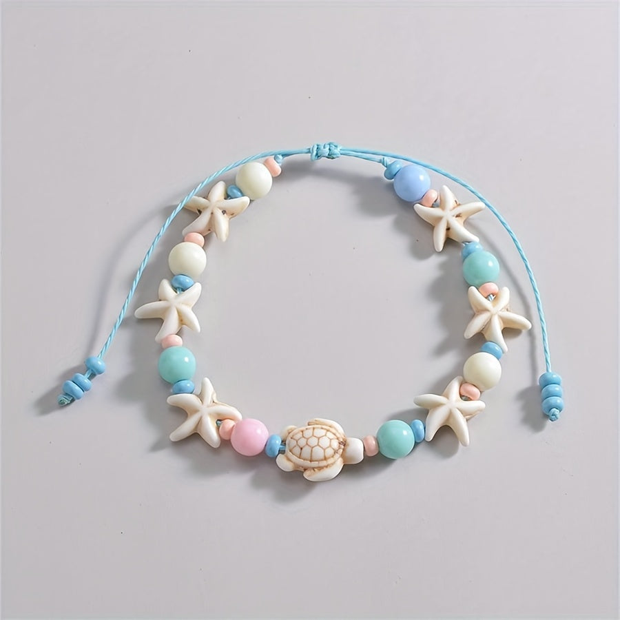 1pc Ocean-Themed Beach Vacation Bracelet - Starfish & Turtle Acrylic Bead Strand with Pastel Blue Green Beads, Lightweight Durable Summer Party Jewelry for Women, Year-Round Casual Wear