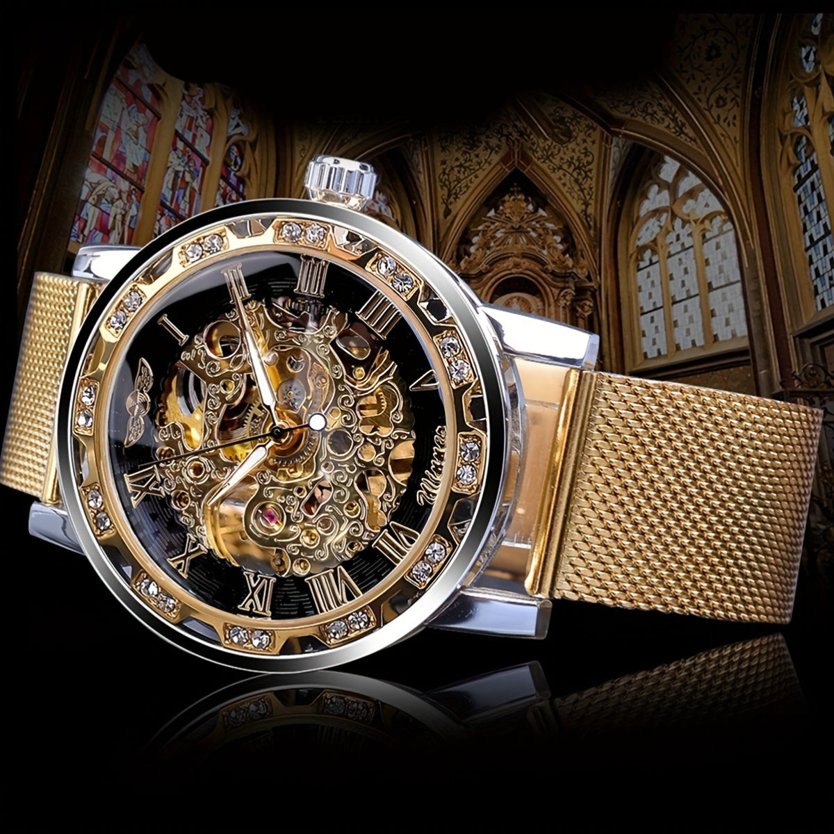 1pc Elegant Men's Mechanical Watch with Rhinestone Accents, Golden-Tone Hollow Mesh Band, Stainless Steel & Zinc Alloy Case, Self-Winding Movement, No Battery Needed - Business Style Luxury Watch for Formal & Casual Wear, For