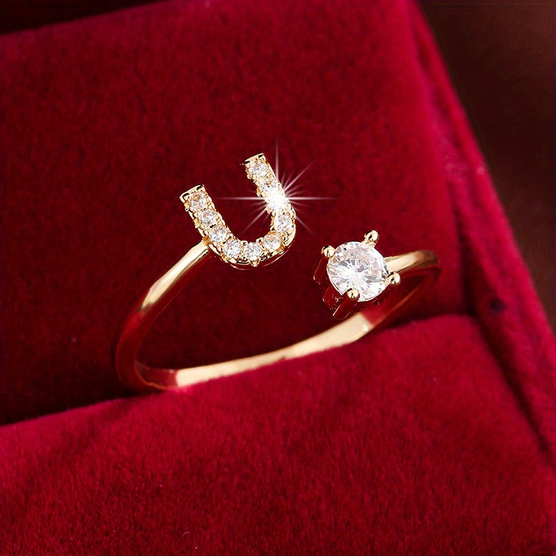 [Copper Fashion Ring] Four-claw Round Zirconia Adjustable Copper Ring With 26 English Letters