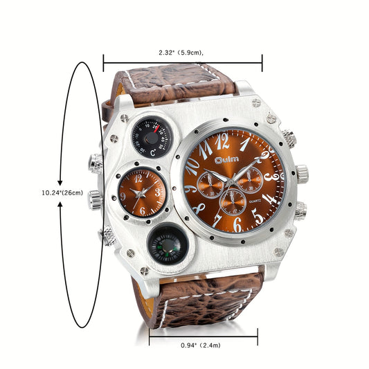 Men 2 Time Zone Big Quartz Watch Mens Faux Leather Wrist Watch Casual Sports Wirstwatch