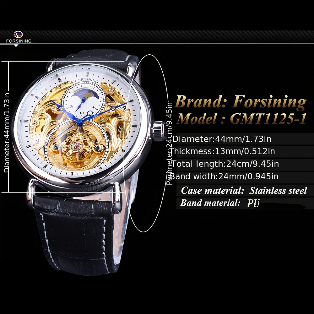 Forsining Vintage Royal Golden Men's Skeleton Watch - Tourbillon & Moon Dial, Blue Hands, Stainless Steel Case, Faux Leather Strap - Elegant Business Fashion Wristwatch, Mechanical Watches, Ideal Luxury Gifts, Casual