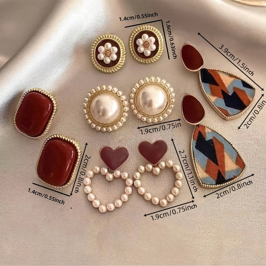 A Set of Five Pairs of Women'S Stylish Earrings in Wine Red, Featuring Vintage Hong Kong Style Faux Pearls, Perfect for Daily Wear, Parties, Valentine'S Day, Or Birthday Gifts.