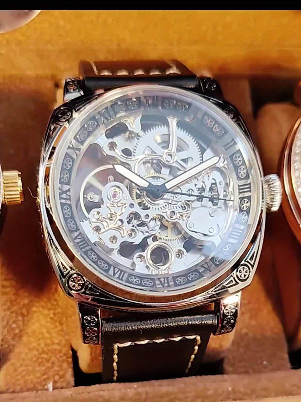 Men's Golden-Tone Automatic Mechanical Watch with Carved Hollow Skeleton Dial, Roman Numerals & World Time Function - Luxury Fashionable Round Watch for Casual & Formal Occasions, Formal Timepiece