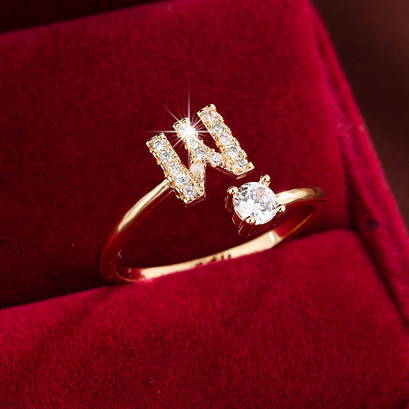 [Copper Fashion Ring] Four-claw Round Zirconia Adjustable Copper Ring With 26 English Letters