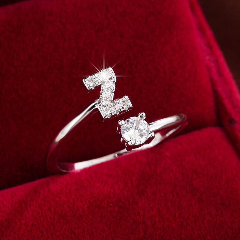 [Copper Fashion Ring] Four-claw Round Zirconia Adjustable Copper Ring With 26 English Letters