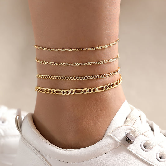 Four-piece Set of Fashionable and Simple Chain Anklets, Metal Alloy Foot Chain Set