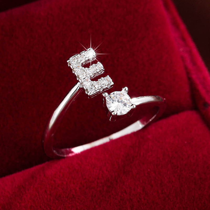 [Copper Fashion Ring] Four-claw Round Zirconia Adjustable Copper Ring With 26 English Letters