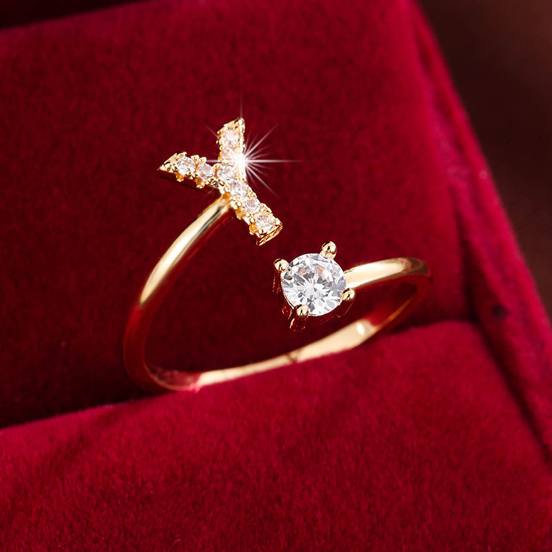 [Copper Fashion Ring] Four-claw Round Zirconia Adjustable Copper Ring With 26 English Letters