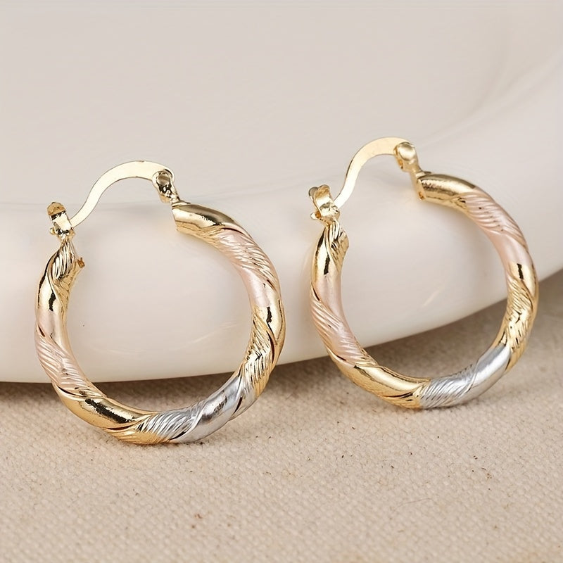 Two-Tone Golden And Silvery Elegant & Classic Twisted Hoop Earrings, Minimalist Fashion Accessories For Women