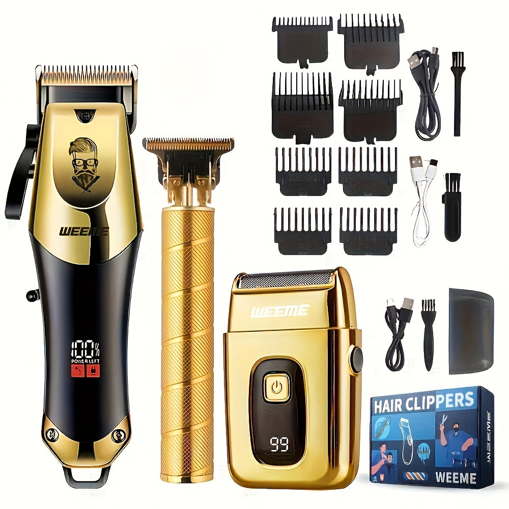 3pcs/se 1pc/sett Men's Professional Golden Hair Clipper & Trimmer Set - USB Rechargeable Hair Cutting Kit with LCD Display Including Electric Shaver, T-Blade Trimmer, 8 Limit Combs, 3 USB Cables, 3 Cleaning Brushes & Combs -
