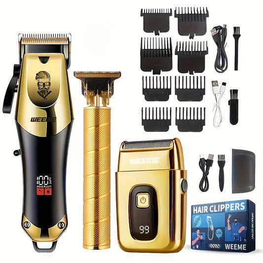 3pcs/se 1pc/sett Men's Professional Golden Hair Clipper & Trimmer Set - USB Rechargeable Hair Cutting Kit with LCD Display Including Electric Shaver, T-Blade Trimmer, 8 Limit Combs, 3 USB Cables, 3 Cleaning Brushes & Combs -