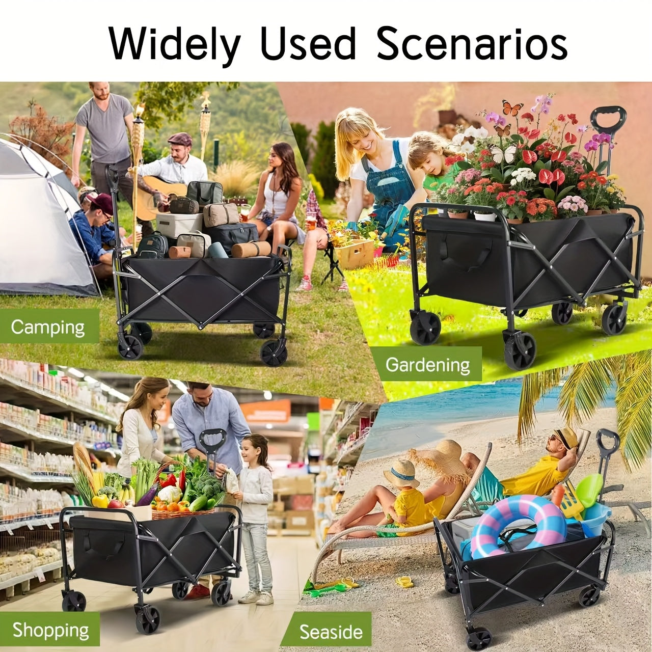 220LBS/ 450LBS/ 680LBS All Terrain Heavy Duty Folding Cart, Large Capacity Camper Suitable for Yard Shopping/ Sports/ Outdoor/ Gardening Equipment Handling, Black Multifunctional Utility Cart
