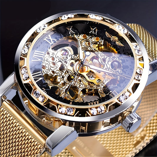 1pc Elegant Men's Mechanical Watch with Rhinestone Accents, Golden-Tone Hollow Mesh Band, Stainless Steel & Zinc Alloy Case, Self-Winding Movement, No Battery Needed - Business Style Luxury Watch for Formal & Casual Wear, For