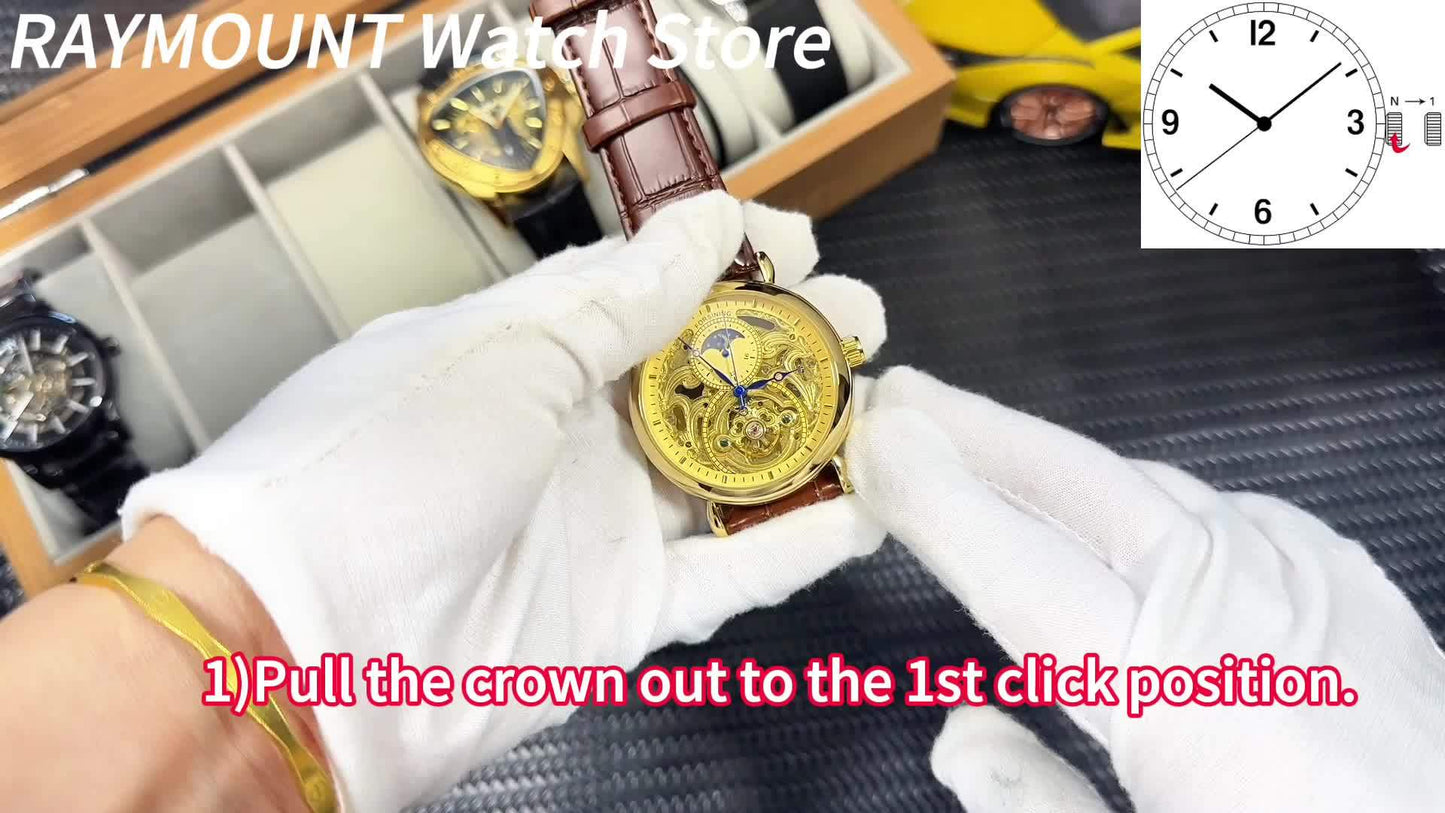 Forsining Vintage Royal Golden Men's Skeleton Watch - Tourbillon & Moon Dial, Blue Hands, Stainless Steel Case, Faux Leather Strap - Elegant Business Fashion Wristwatch, Mechanical Watches, Ideal Luxury Gifts, Casual