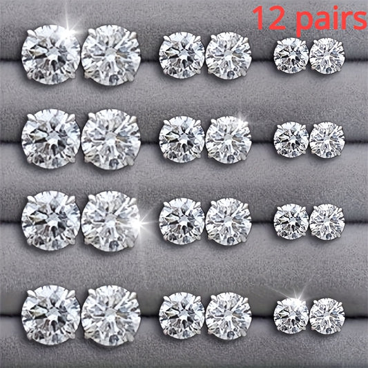 12 Pairs Stainless Steel Stud Earrings, Simple and Elegant Zirconia Earrings Set, Versatile for Party and Daily Wear