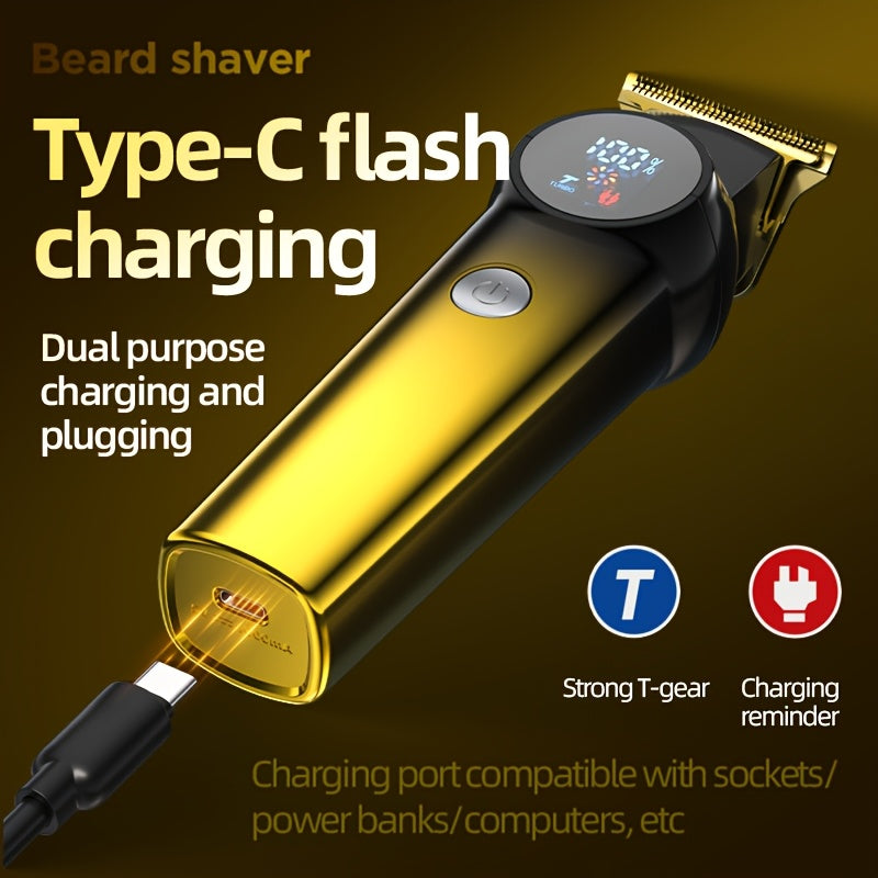 3pcs/se 1pc/sett Men's Professional Golden Hair Clipper & Trimmer Set - USB Rechargeable Hair Cutting Kit with LCD Display Including Electric Shaver, T-Blade Trimmer, 8 Limit Combs, 3 USB Cables, 3 Cleaning Brushes & Combs -