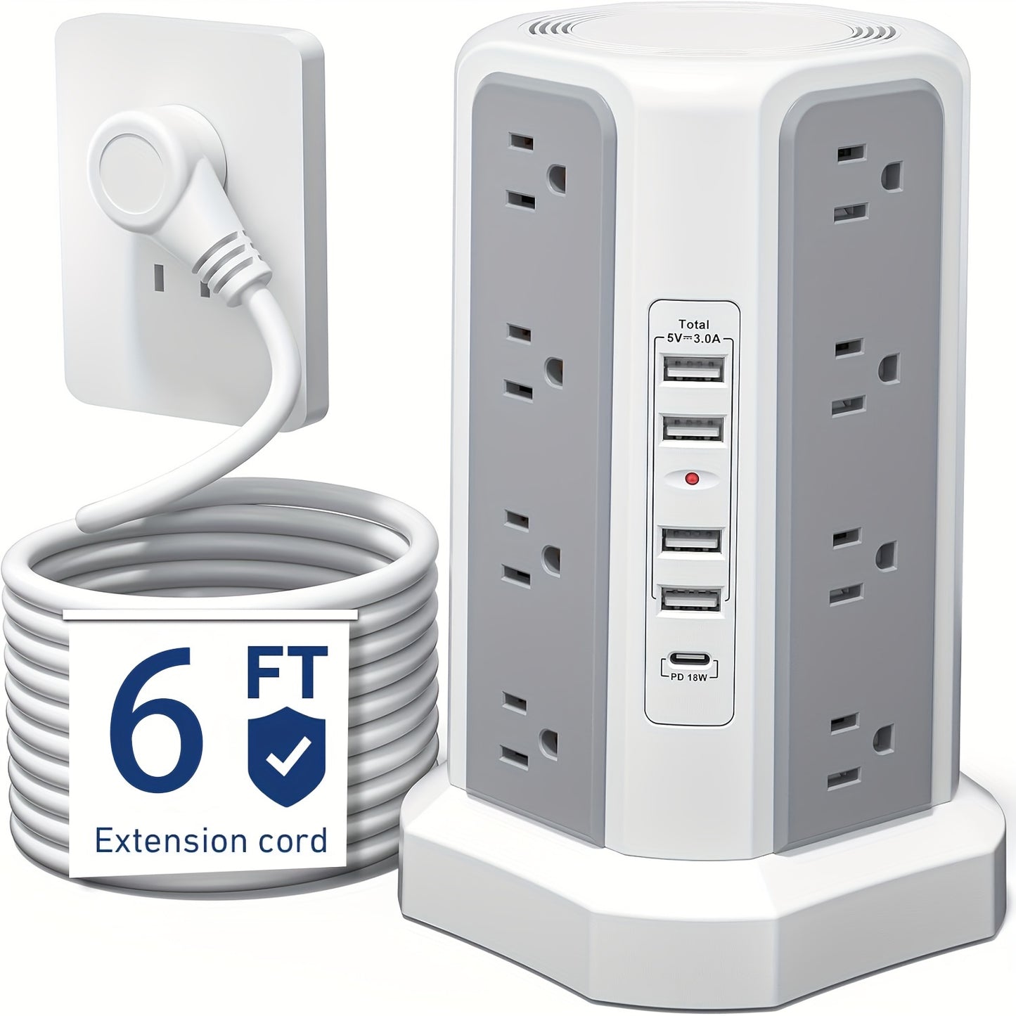 LEVEL 4 Upgraded New Product Flat Plug 16 AC Outlets Power Strip Tower with USB/USB C Port, Surge Protector Power Tower with 5 USB Charging Ports, Extension Cord Desktop Power Strip