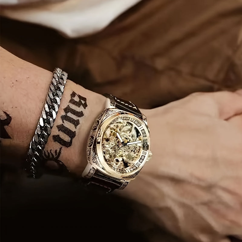 Men'S Golden Automatic Mechanical Watch with Hollowed-Out Skull Dial, Roman Numerals & World Time Function - Luxury Round Formal & Casual Wristwatch with Black Faux Leather Strap, Mechanical Movement, No Battery Needed, Forma