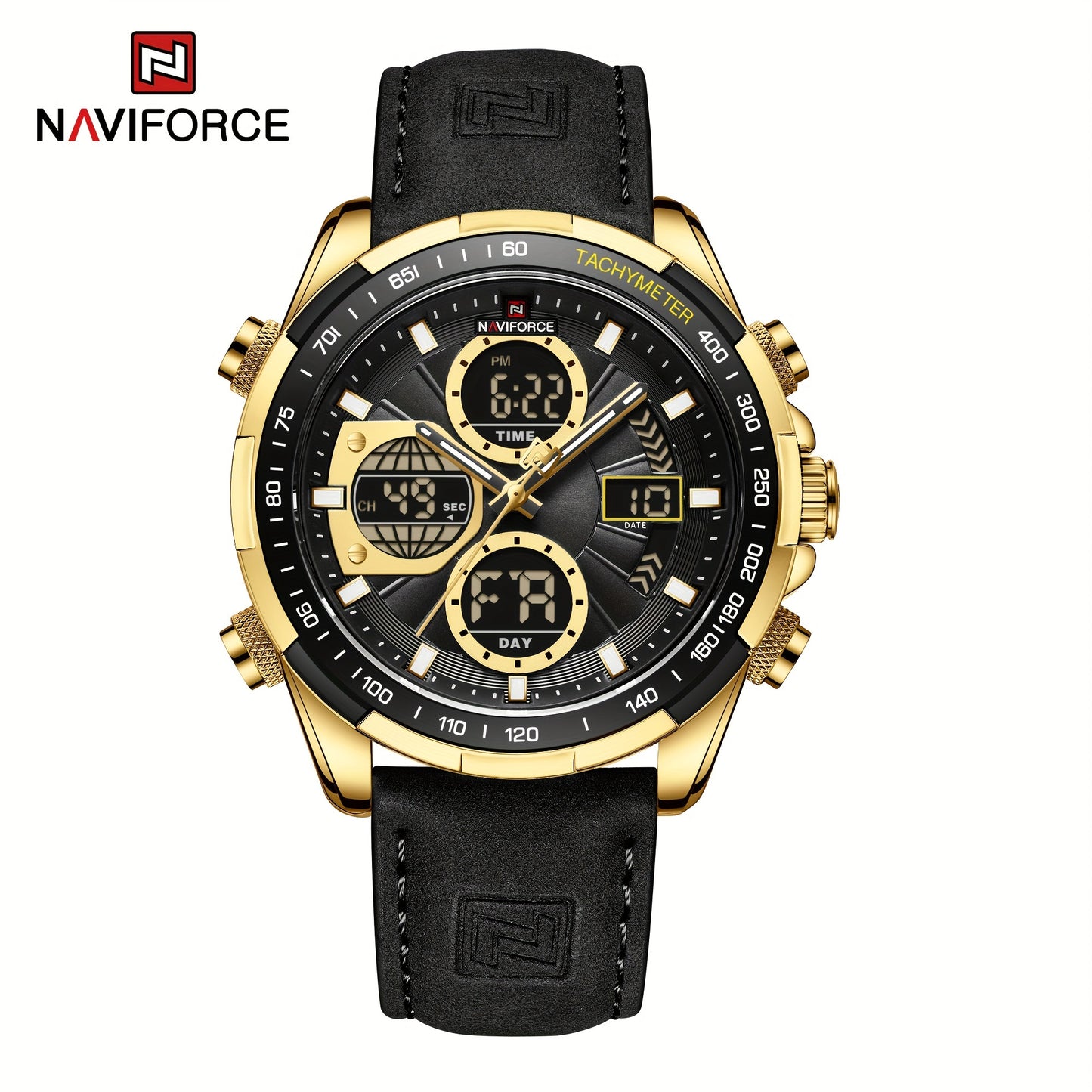 NAVIFORCE Men's Dual Display Sports Watch - Green Genuine Leather Strap, Stainless Steel Case, Chronograph & Date Functions, Ideal for Casual or Athletic Wear, Athletic Accessory|Classic Round Dial|Durable Zinc Alloy