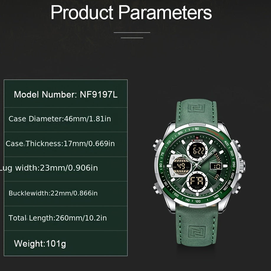 NAVIFORCE Men's Dual Display Sports Watch - Green Genuine Leather Strap, Stainless Steel Case, Chronograph & Date Functions, Ideal for Casual or Athletic Wear, Athletic Accessory|Classic Round Dial|Durable Zinc Alloy