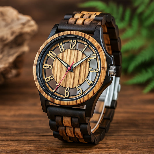 LeeEv Natural Mens Wood Watch, Transparent Hollowed Out Arabic Numeral Dial Quartz Wooden Watch, Quartz Movement Natural Wooden Watch Gift For Man Boys Father Son