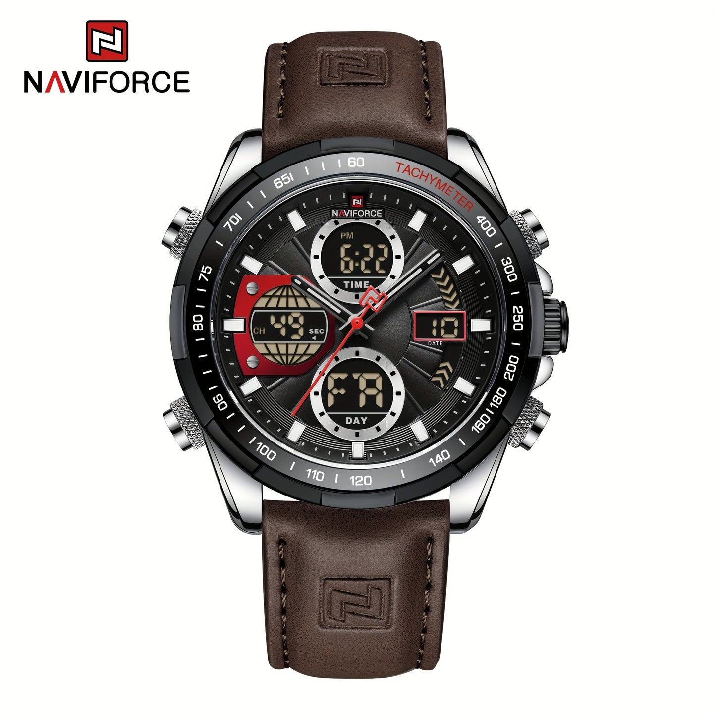 NAVIFORCE Men's Dual Display Sports Watch - Green Genuine Leather Strap, Stainless Steel Case, Chronograph & Date Functions, Ideal for Casual or Athletic Wear, Athletic Accessory|Classic Round Dial|Durable Zinc Alloy