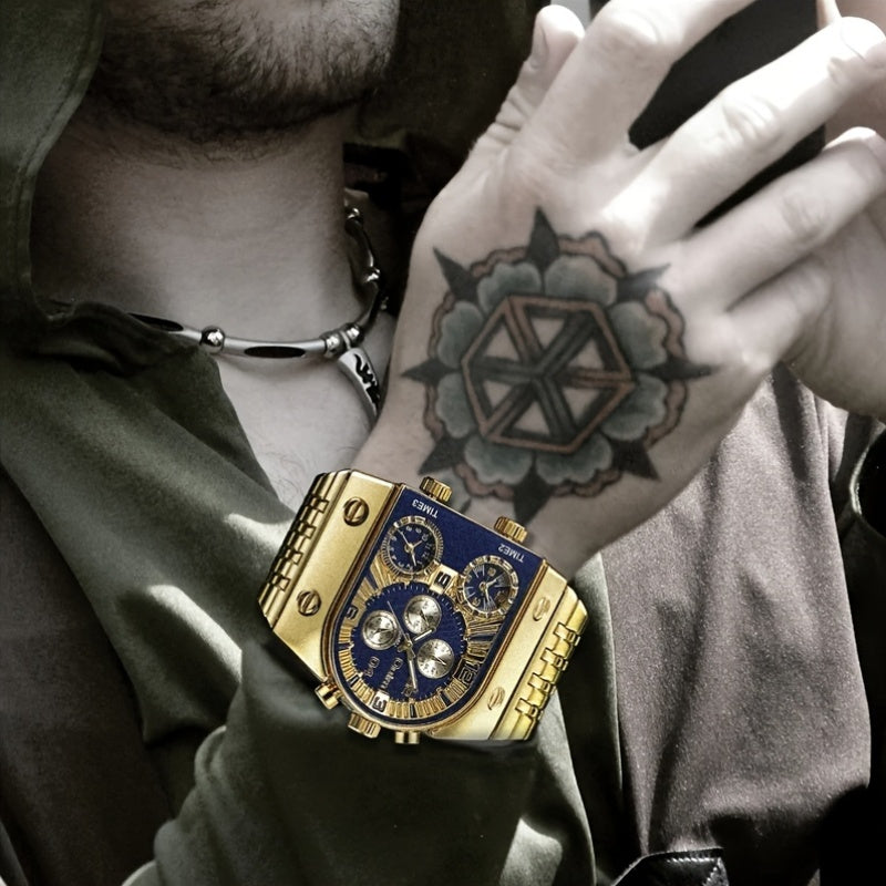 Luxury Men'S Golden-Tone Quartz Watch - Elegant Business Timepiece with Chronograph & Date Display, Alloy Band & Case, 36V Battery Operated, Formal Accessory|Sophisticated Style|Roman Numeral Markers