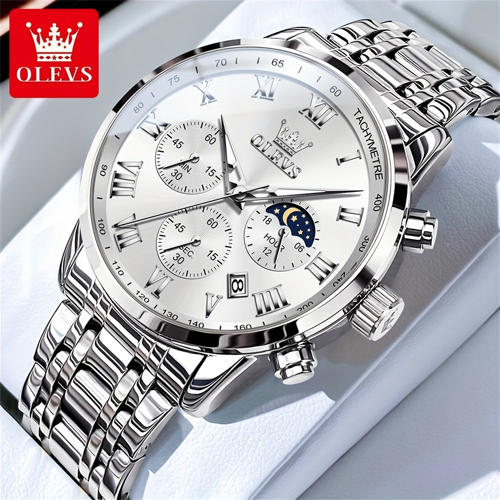 OLEVS Original Stainless Steel Fashion Multifunction Quartz Watch for Men High Quality Chronograph Calendar Moon Phase Luminous Luxury Men's Wrist Watches