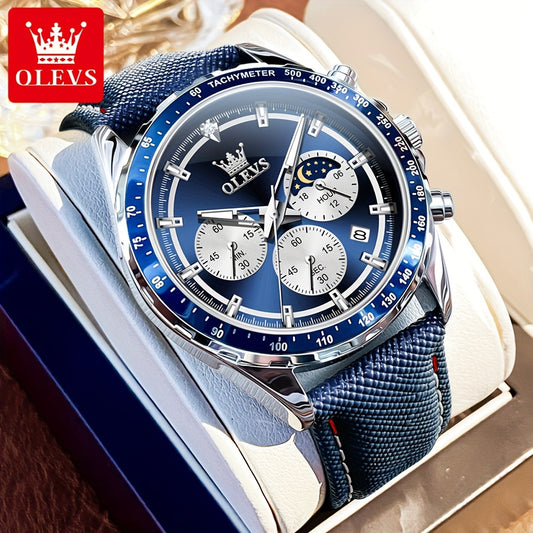 OLEVS Men'S Luxury Watches Blue Leather, Casual Watches for Men, Chronograph Watches Moon Phase Quartz Male Watch Wrist Watch Big Face with Calendar Wristwatch Relojes De Hombre