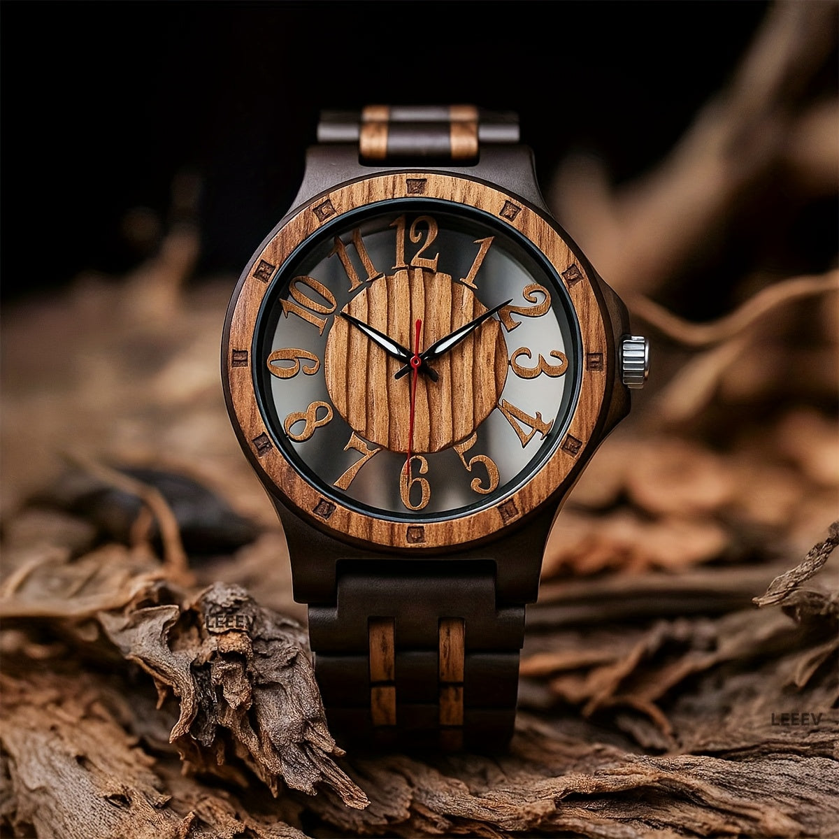 LeeEv Natural Mens Wood Watch, Transparent Hollowed Out Arabic Numeral Dial Quartz Wooden Watch, Quartz Movement Natural Wooden Watch Gift For Man Boys Father Son