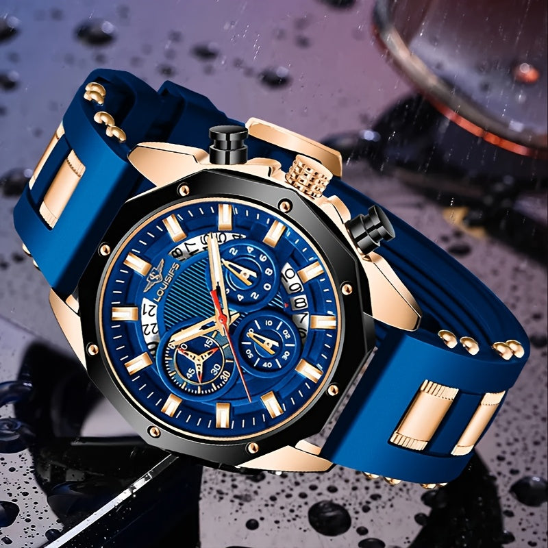 Men's Luxury Watch - Large Dial with Date Window, Quartz Movement, Navy Blue Dial & Golden-Tone Accents, for Business, Formal & Casual Attire - Ideal Gift for Men, Business Wristwatch, Sporty Elegant Design, Textured Strap De