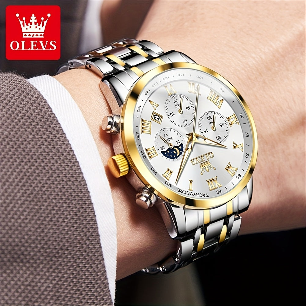 OLEVS Original Stainless Steel Fashion Multifunction Quartz Watch for Men High Quality Chronograph Calendar Moon Phase Luminous Luxury Men's Wrist Watches