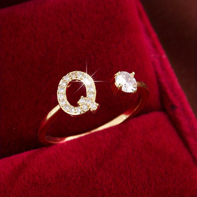 [Copper Fashion Ring] Four-claw Round Zirconia Adjustable Copper Ring With 26 English Letters