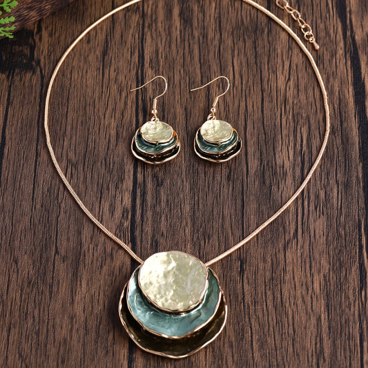Bohemian Three-layer Circular Zinc Alloy Golden Enamel Jewelry Set, Cute And Elegant For Ladies, Girlfriends, Holiday Parties, Necklace And Earrings Set