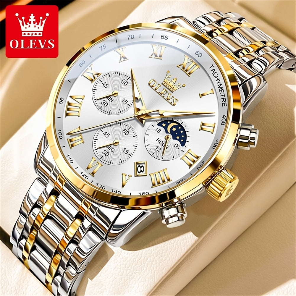 OLEVS Original Stainless Steel Fashion Multifunction Quartz Watch for Men High Quality Chronograph Calendar Moon Phase Luminous Luxury Men's Wrist Watches