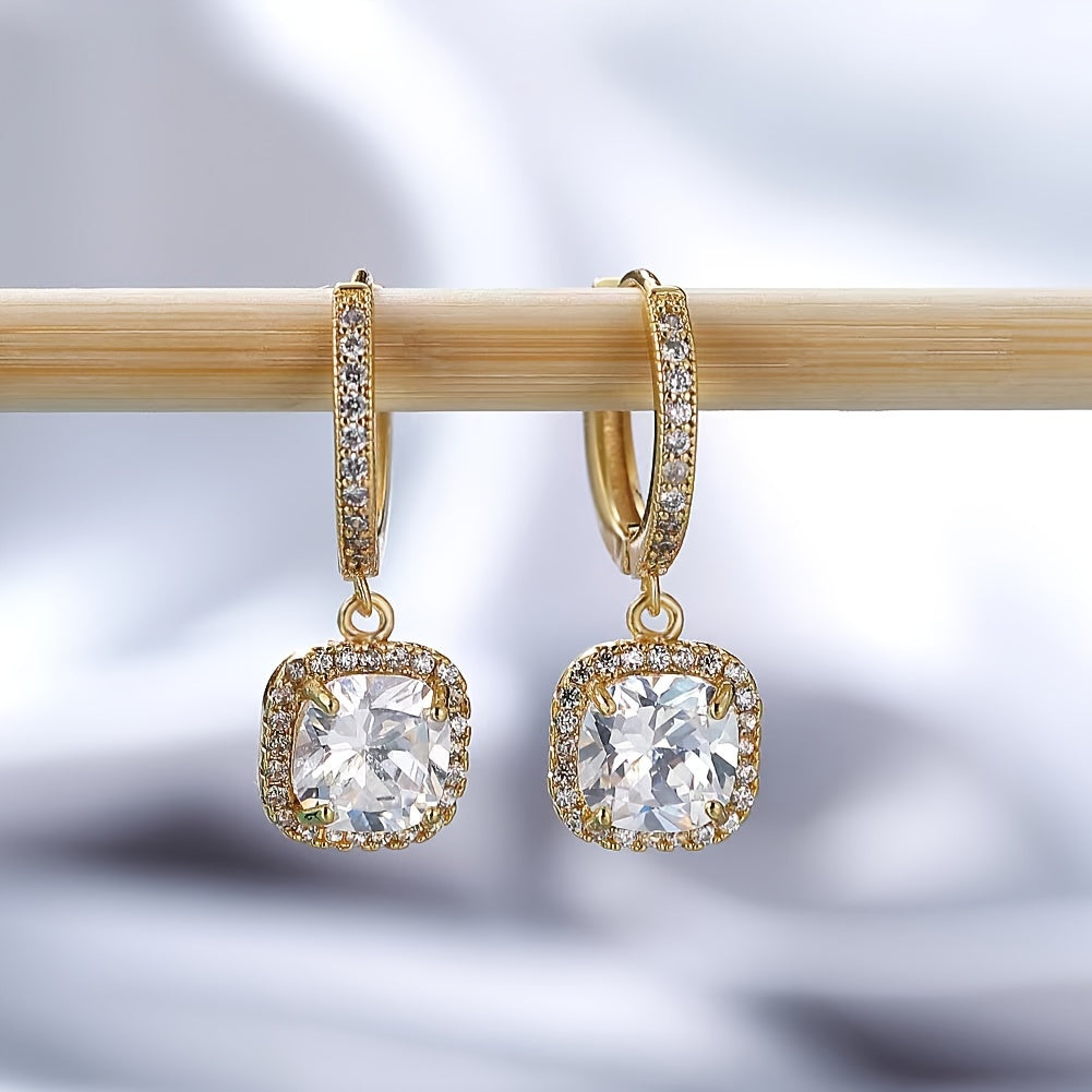 A Pair of Copper Square Design Earrings with Micro Zirconia for Ladies, Suitable for Weddings and Daily Use