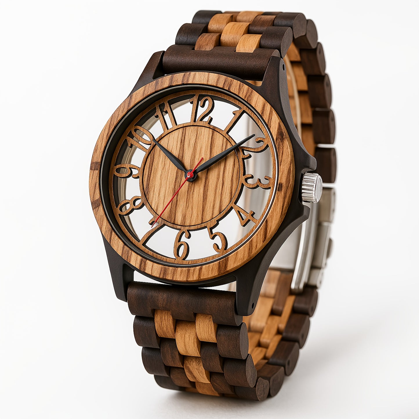 LeeEv Natural Mens Wood Watch, Transparent Hollowed Out Arabic Numeral Dial Quartz Wooden Watch, Quartz Movement Natural Wooden Watch Gift For Man Boys Father Son