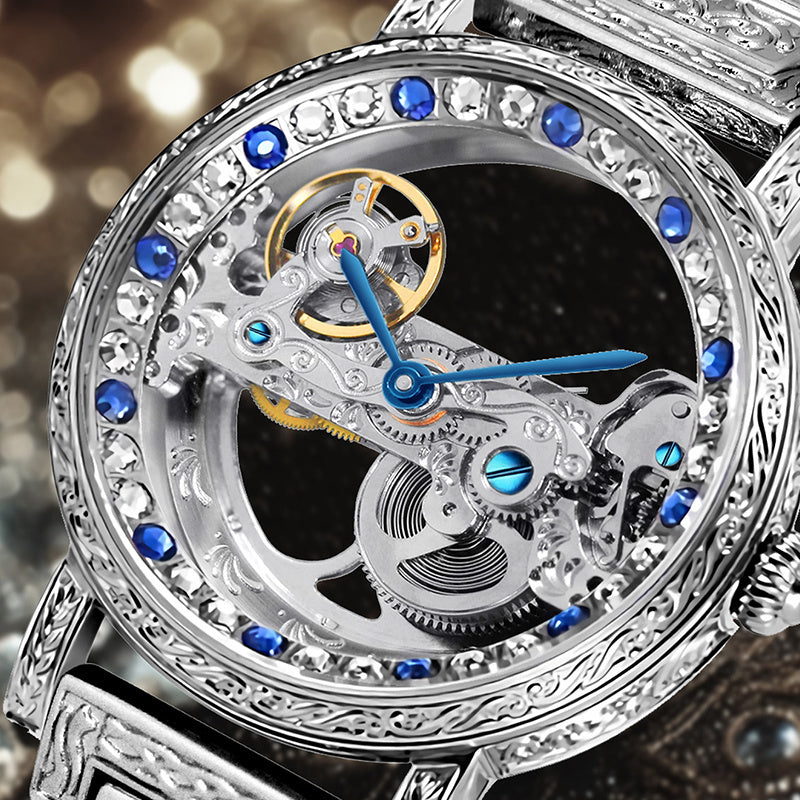 1pc Men's Silvery Steel Strip Fashion Style Gorgeous Carved Set Flywheel Mechanical Watch
