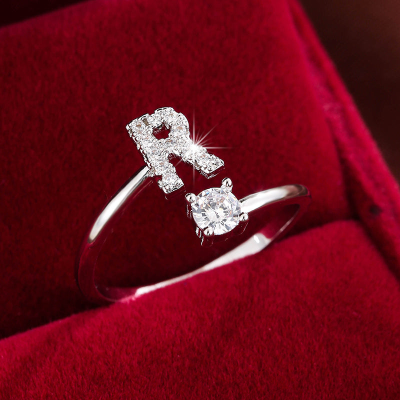 [Copper Fashion Ring] Four-claw Round Zirconia Adjustable Copper Ring With 26 English Letters