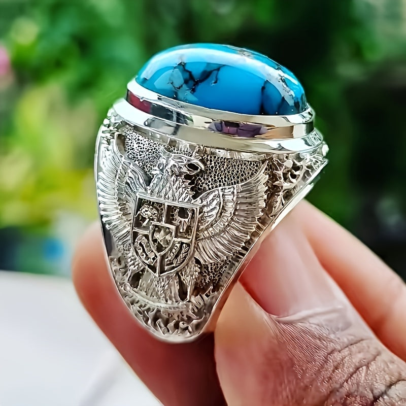 Men's Vintage Eagle Design Ring with Turquoise Stone – Retro Arabic Style Alloy Band, Intricate Engraved Eagle & Shield Motif, Perfect for Gifts, Parties, and Celebrations, Gift Ring | Retro Design | Engraved Jewelry, Best