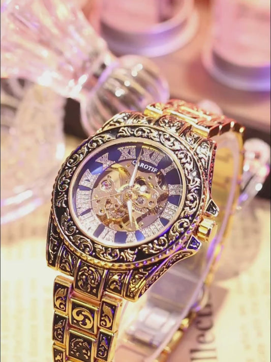 1pcss Men'S Golden Green Steel Belt Retro Style Classical Fashion Rose Carving Automatic Mechanical Watch